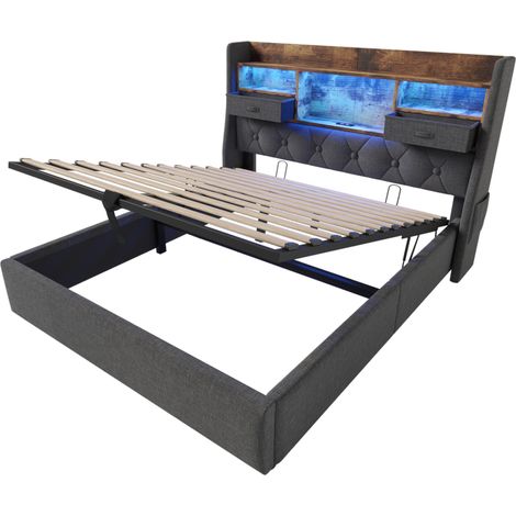 Cama con canapé 140x200 cm con LED, USB y Type-C, cabecero con almacenaje, con colchón, gris (1/5)