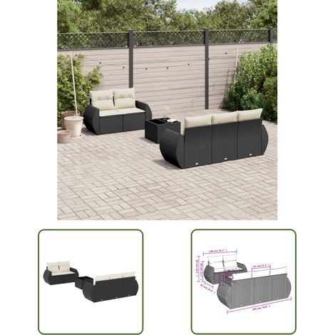 The Living Store Salon de jardin 6 pcs avec coussins noir résine tressée - Ensemble Salon De Jardin - Mobilier De Jardin - Canapé Jardin - Set Salon Exterieur - Chaise Lounge (1/3)