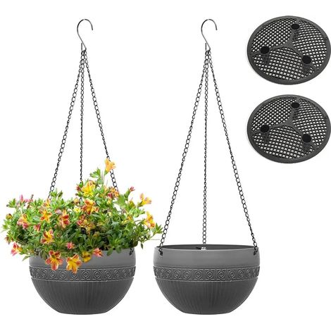 Zwei hängende Blumentöpfe für den Außenbereich mit rostfreien Ketten, automatischer Bewässerung, aus Kunststoff mit Abflusslöchern am Boden, grau, 21 cm.