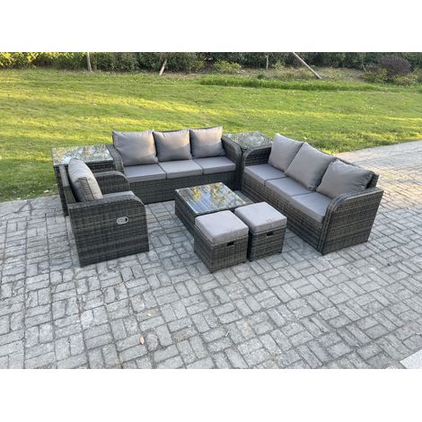 Fimous 9 Seater Outdoor Rattan Garden Furniture Set Conservatory Patio Sofa Coffee Table With Reclining Chair 2 Small Footstools 2 Side Tables Dark Grey Mixed