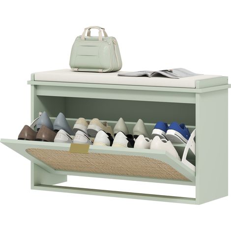 Boho Shoe Bench with Padded Seat Flip-Drawer - Light Green (1/5)