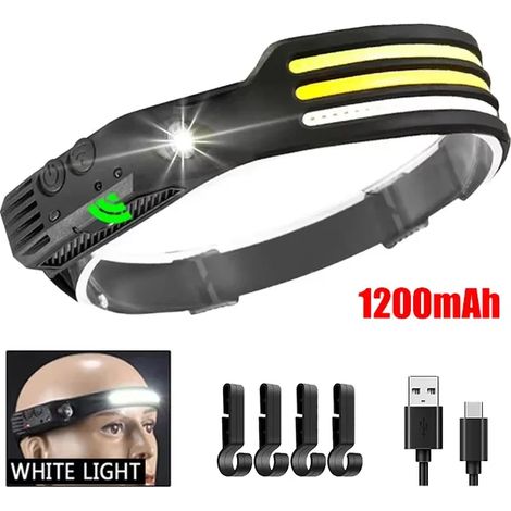 Lampe frontale LED à induction 6 modes (W689-3-WH avec crochet) - Capteur COB - Batterie intégrée rechargeable - Éclairage de travail extérieur (1/5)