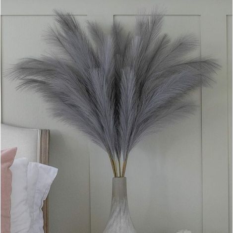 Grand bouquet de fleurs artificielles grises en herbe de la pampa, 5 tiges extra duveteuses, 70 cm, avec plumes artificielles. Décoration idéale pour le salon, la maison, style bohème, grand vase, tab (1/5)