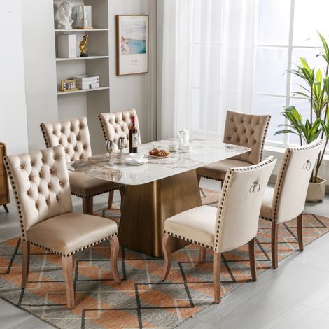 Lot de 6 chaises capitonné en velours - cadre en bois massif - Beige (1/5)