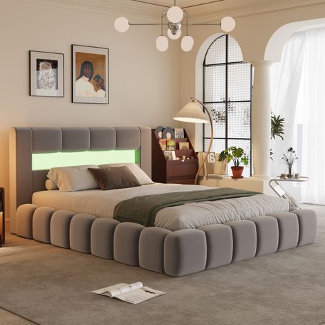 Letto a nuvola led con cassettiera 180x200cm in velluto grigio con testiera e rete OMAHA