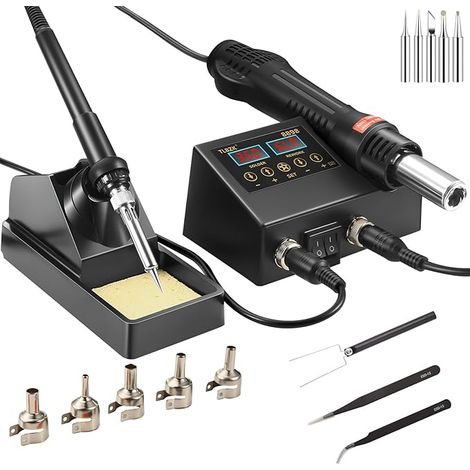 Stazione di saldatura per riparazioni SMD, stazione di saldatura ad aria calda e kit saldatore, pistola termica con punte per saldatura, lance ad aria calda e pinze (1/5)
