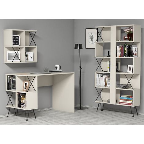 Ensemble bureau étagère et bibliothèque beige clair et noir Ditra (1/5)