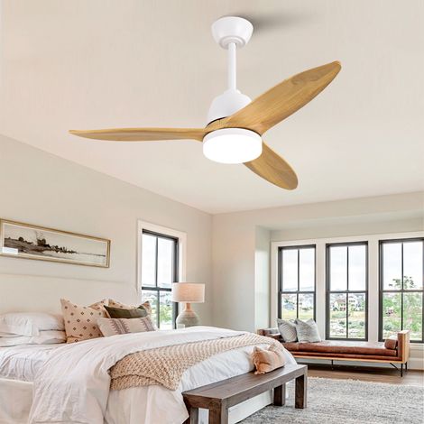 Ventilateur de plafond moderne 107 cm (42 pouces) bois naturel, 3 couleurs lumineuses réglables, pales bois massif. Moteur CC réversible, mémoire, poignée de commande. Idéal salon.