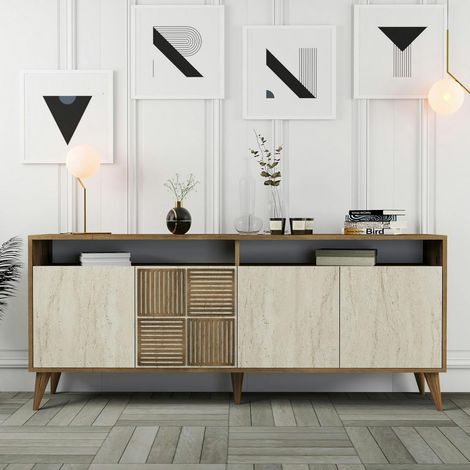 Buffet moderne effet bois et travertin 4 portes 2 niches UMEA