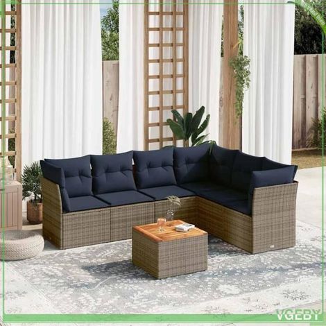 Salon de jardin - 3255991 - Résine tressée gris - Coussins déhoussables bleu marine - Rangements étanches (1/5)