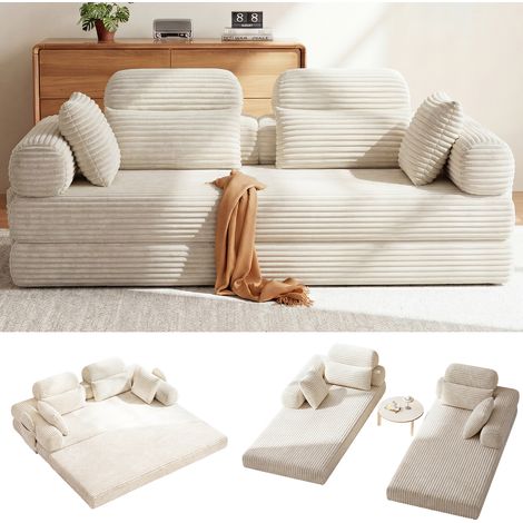 Canapé Convertible 4 Places,Canapé-Lit Velours côtelé avec Appuie-tête et Soutien Lombaire Intégrés Amovibles, 2 Coussins Offres, Poche Latérale, Beige