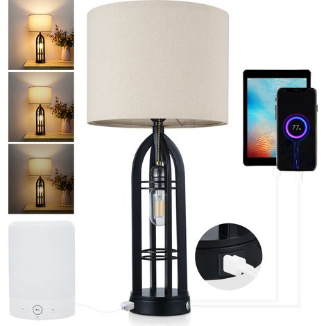 Lampe de chevet vintage industrielle avec abat-jour en tissu, base noire et beige, éclairage LED 3000K dimmable, ports USB A/C et prise AC intégrés pour recharge rapide (1/4)