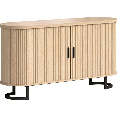 Buffet ovale salon, meuble rangement 2 portes coulissantes et étagères ajustables, 140x40x75cm, bois massif naturel (1/5)