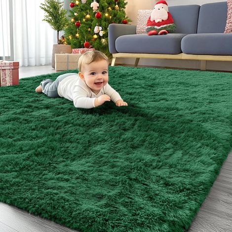 Tapis Moelleux à Poils Longs - Dessous antidérapant - Lavable - pour Le Salon, la Chambre d'enfant, la Chambre à Coucher - 80 x 150 cm, Vert Foncé (1/5)