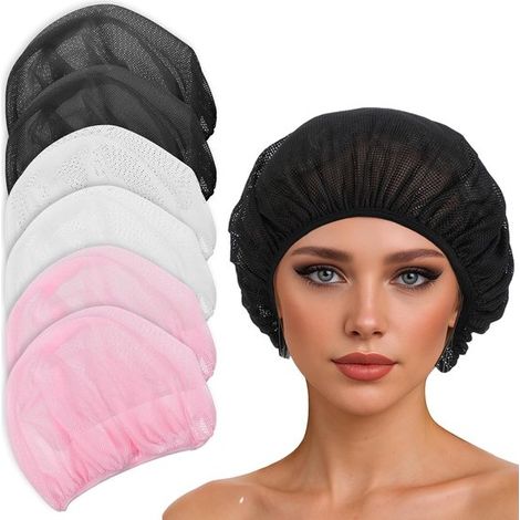 Paquete de 6 redecillas elásticas transpirables para secar el cabello y dormir (blanco, rosa, negro) (1/5)
