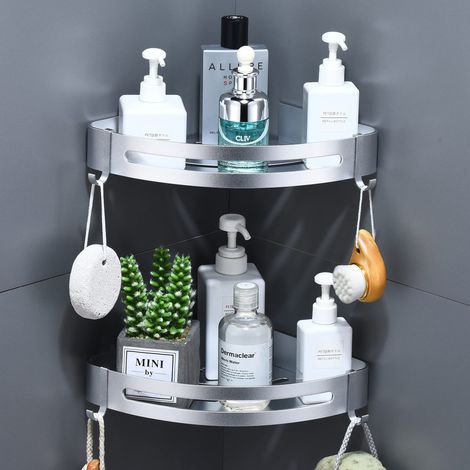 Étagère Rangement Salle de Bain,Etagere Angle Douche sans Percage Tablette Metal Murale de Douche avec Crochets, Serviteur Douche Installation Adhésif (Argent Sable Brillant,2 Niveaux) (1/5)