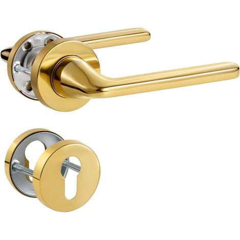 Gold PVD Door Handle Denture Trim Matte Stainless Steel Door Handle for Entrance and Interior Door, L Shape, Round Rosette, PZ - Profile Cylinder (1/5)