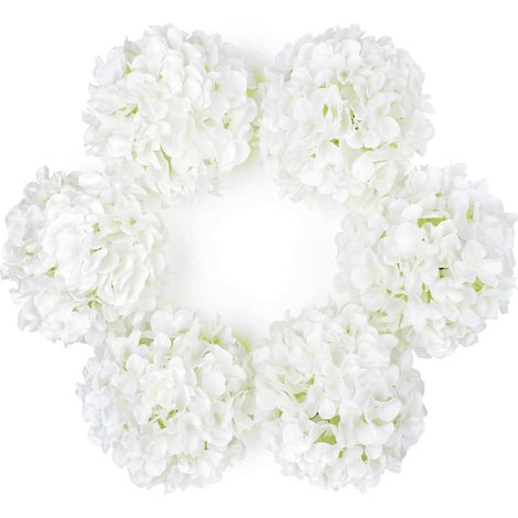 Ensemble de 6 grands hortensias artificiels en soie (blancs) avec tiges de serre-tête d'hortensias artificiels blancs pour centres de table de mariage et de jardin (1/5)