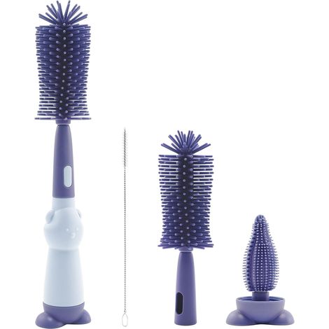 Brosse à biberon en silicone, brosse de nettoyage de biberon 3 en 1 pour les mamelons et les biberons de bébé avec brosse douce, nettoyeur de paille pour mamelon (violet) (1/4)