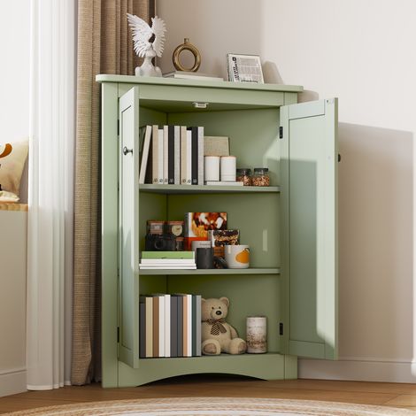 Meuble d'angle pour salle de bain – Meuble triangulaire sur pied à 2 portes et 3 niveaux – MDF de haute qualité – Gain de place – 61,5 x 80 cm – Vert (1/5)