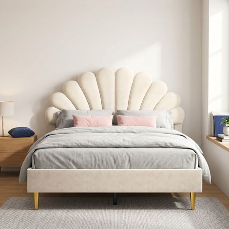 Lit adulte double 140x200 cm, cadre de lit capitonné en Velours et tête de lit réglable en forme de pétale, style Moderne, Beige (1/5)
