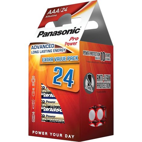 Panasonic Pro Power, Pile alcaline AAA, Confezione da 24, 1.5 V, ottima per giocattoli, LR3PPG/24CD