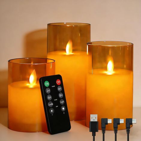 Bougies LED Rechargeables - Lot de 2 - Verre Doré - Flamme Vacillante Réaliste avec Télécommande - Pour Salon et Mariage - Hauteur 15cm (1/5)