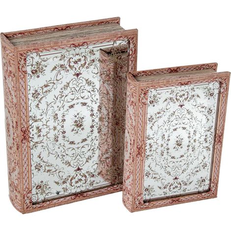 Lot de 2 caisses livre en bois MDF avec miroir et intérieur en velours naturel, vert et rouge, 30 x 20 x 7 cm et 24 x 16 x 5 cm (1/3)