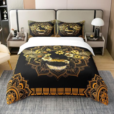 Parure de lit 100 % coton - Motif : abeille - Style bohème - Mandala - Avec housse de couette de 135 x 200 cm - Thème animal - Avec fermeture éclair - Style hippie - Pour chambre à coucher - Orange (1/5)