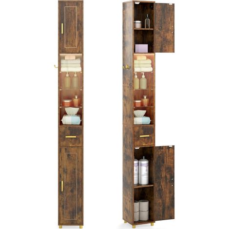 Mobiletto da bagno stretto 20 x 20 x 181 cm spazio di archiviazione ottimale con striscia luminosa tricolore design moderno in MDF marrone 200020158