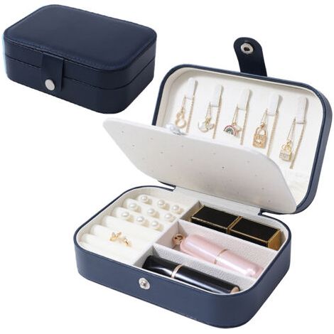 BUNTHAUS Boîte à bijoux - Boîte à bijoux de voyage portable, petit organisateur de bijoux à deux niveaux, boîte de rangement en cuir PU pour bagues, colliers, boucles d'oreilles(Bleu marine) (1/5)