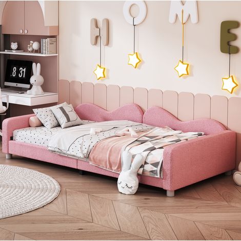 Lit enfant rembourré rose en tissu peluche avec lattes en bois, 214,5x95x42 cm (1/5)