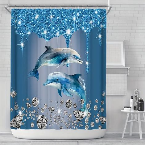 Blue shower curtain set – dolphin pattern – with bath mat and toilet cover – 12 hooks included (Set 1) (1/5)