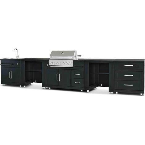 Oviala – Cuisine d'extérieur inox 5 meubles avec évier et barbecue gaz 4 brûleurs – Dimensions 463 x 66 x 96 cm – Pour professionnels (1/5)