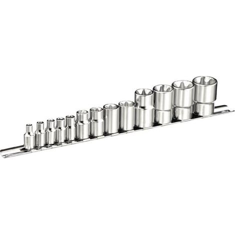 Juego de llaves de vaso largas Torx de 1/4" + 3/8" + 1/2" en rieles de soporte 12 piezas EXPERT E034801