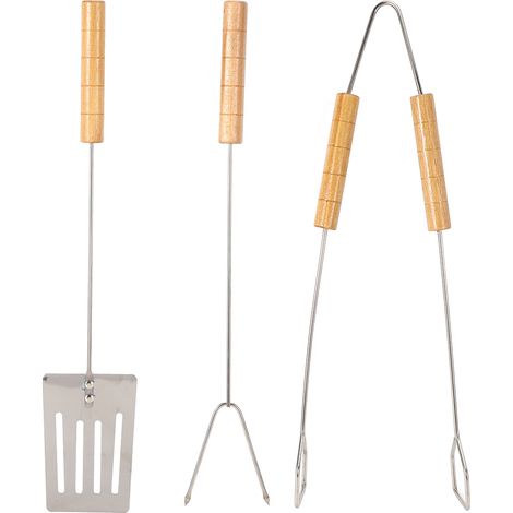 Ensemble Ustensiles Barbecue - Fourchette Pince Spatule En Fer - Poignée En Bois - Résistant Haute Température - Lot De 3 Pièces (1/5)