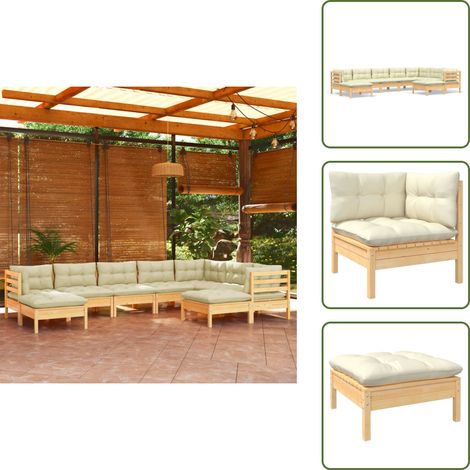 9-tlg. Garten-Lounge-Set mit Creme Kissen Massivholz Kiefer - Garten Lounge Set - Kiefernholzmöbel - Outdoor Möbel - Gartengeräte - Loungemöbel (1/5)