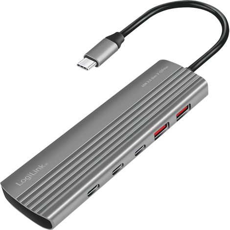 LogiLink USB 3.2 Gen2 USB-C Hub mit 10 Anschlüssen (8x USB-C, 2x USB-A PD), 100 W, ultradünn, Thunderbolt 3/4, Space Grau (1/4)