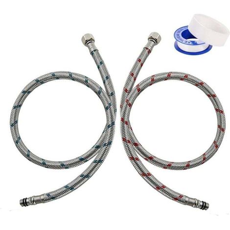 2 Pièces Tuyaux de Raccordement Flexibles Robinets G3/8 x M10 80cm, Flexibles Robinets Tressé en Acier Inoxydable avec Ruban D'étanchéité Tuyau de Raccordement pour Cuisine Douchette Evier (1/4)