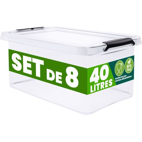 DEUBA® Boîte de rangement en plastique transparent empilable sans BPA gain de place caisse de rangement organiseur 8x40L