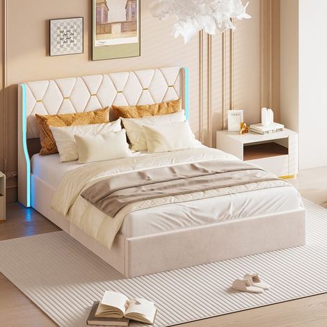 Doppelbett 140x190 cm - Beige Samt - Hydraulischer Stauraum - LED Kopfteil - 2 Personen