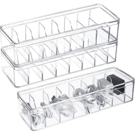 3-teilig - Aufbewahrungsbox für Ladegeräte aus Kunststoff - Mit Deckel - Transparent - 26 x 10 x 6 cm - Geeignet zur Aufbewahrung von Ladekabeln und elektronischem Zubehör zu Hause (1/5)