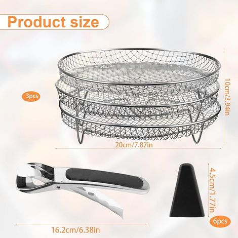 3 Pièces Grille Air Fryer Empilable, Grille de Cuisson pour Air Fryer Rond, Grilles pour Friteuse, avec Pieds en Silicone, Clips anti-Brûlure, Diamètre 20 cm, pour Cuisson (1/4)
