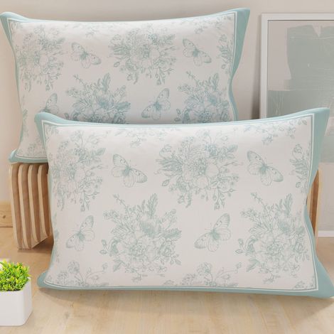 Lot de 2 Taies d'Oreillers 50x70 cm 100% Microfibre Hypoallergénique, Housse Oreiller Rectangulaire Motif Floral Vert d'eau, Paquet de 2, Fabriqué en Italie