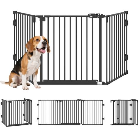 Barriere de securite Chien Pliable avec Porte en Acier, Barriere de securite cheminee 3 Panneaux modulable Fermeture Automatique, Grille de Protection pour Animaux 202,5 cm, Noir (1/5)