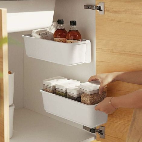 Deux paniers de rangement pour armoire de cuisine, un tiroir de rangement coulissant en plastique, un support de rangement sous l'évier et un tiroir blanc sous l'évier pour la cuisine/salle de bain. (1/5)