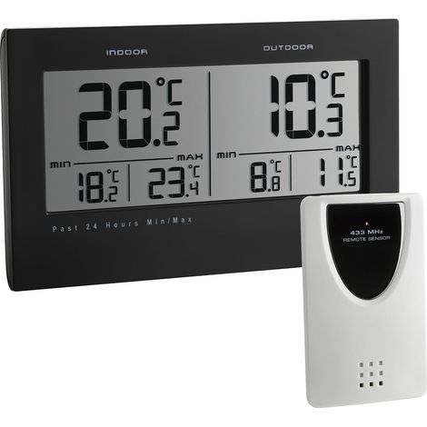 Thermomètre intérieur extérieur numérique TWIN, 30.3048, extérieure via émetteur sans fil, avec alarme de température, affichage des valeurs maxi/mini, symbole de gel, noir