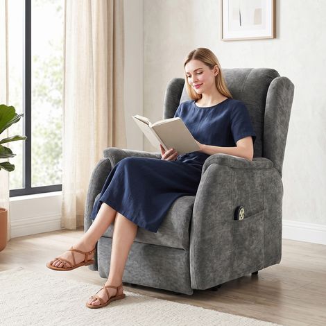 Fauteuil télé inclinable avec releveur pour personnes âgées, aspect chenille, télécommande et poches latérales, gris anthracite (1/5)