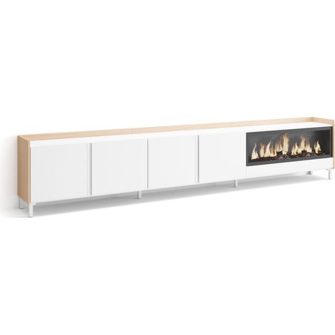 Skraut Home - Meuble TV, Banc Télé, Grand espace de Rangement, 315x35x61cm, Pour les TV jusqu'à 80", Cheminée électrique XXL, Design industriel, Style moderne, Blanc et Chêne Soft (1/5)