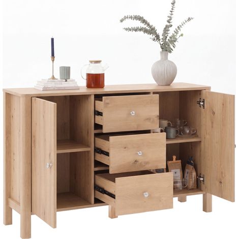CHICFURN Aparador con 3 cajones y 2 puertas, mueble auxiliar moderno de madera clara con tiradores metálicos, para salón, comedor y dormitorio, 120 x 40 x 80 cm (1/5)